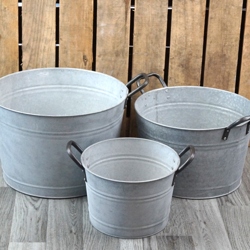 Set of Three Aged Zinc Buckets detail page